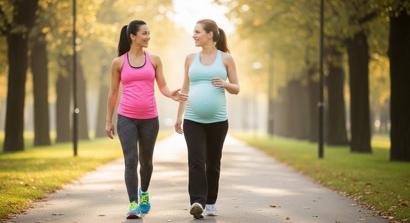 a pregnant woman brisk walking