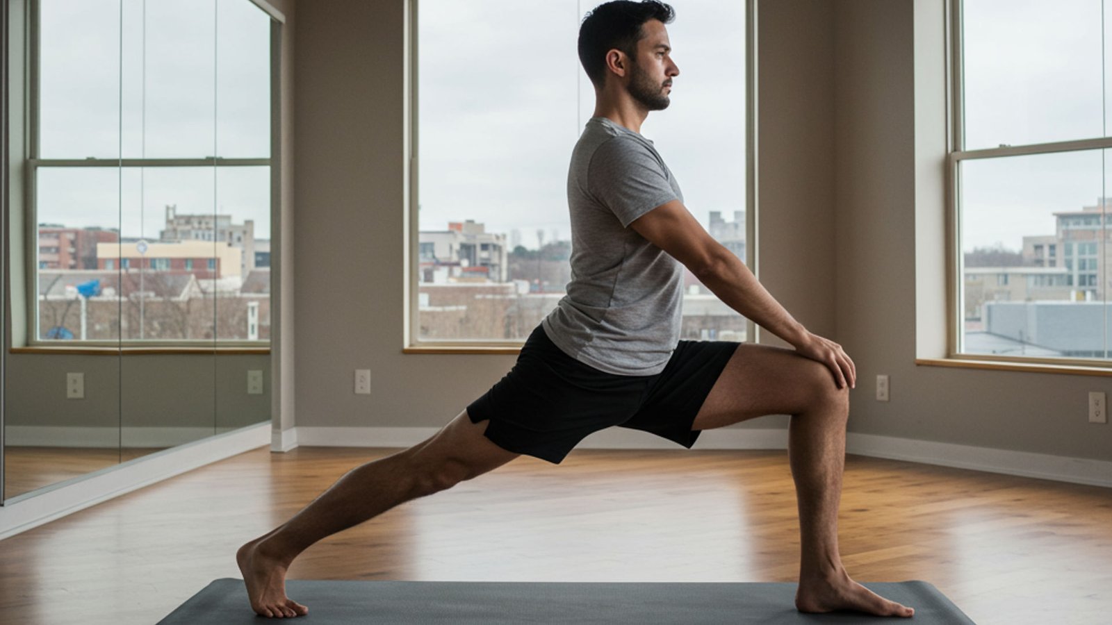 A man doing the Anjaneyasana pose