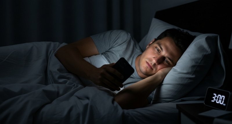 A man scrolling mobile instead of sleeping