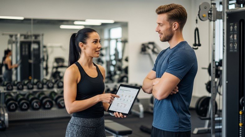 A trainer discussing training routine with the client