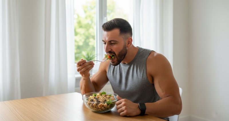 A man eating protein salad to lose weight