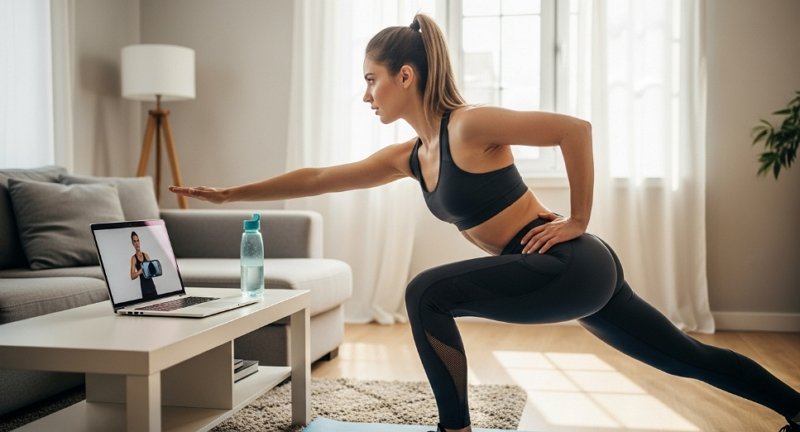 A woman doing virtual workout at home