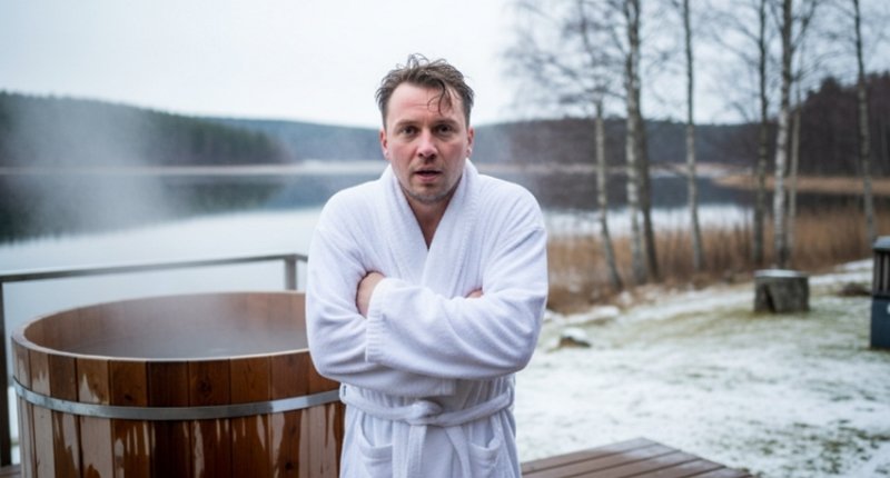 man wearing a bathrobe standing beside an ice bath